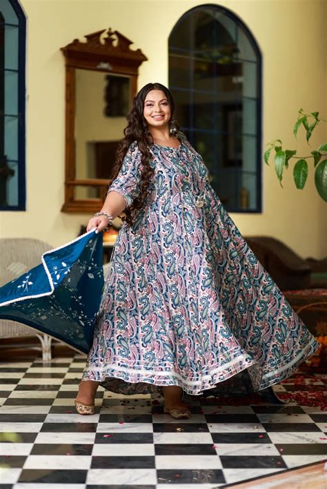 Plus Size Midnight Teal Floral Anarkali with Designer Dupatta ...