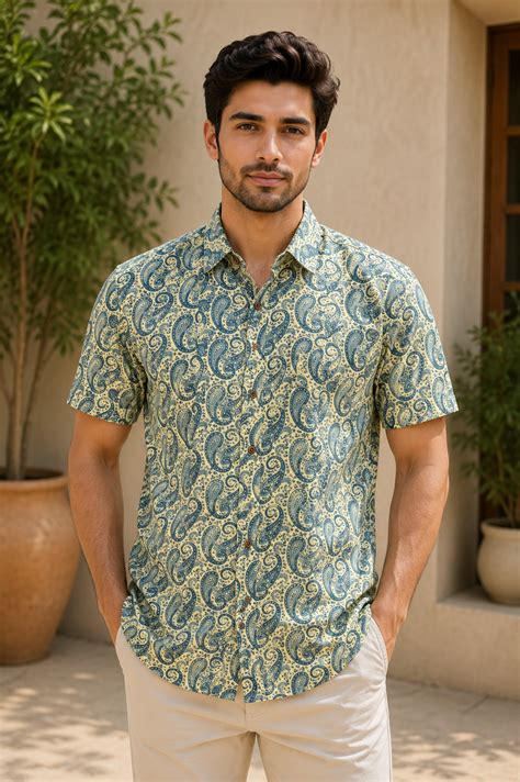 Men’s Blue Sanganeri Print Half Sleeve Casual Shirt – Dhagaaa