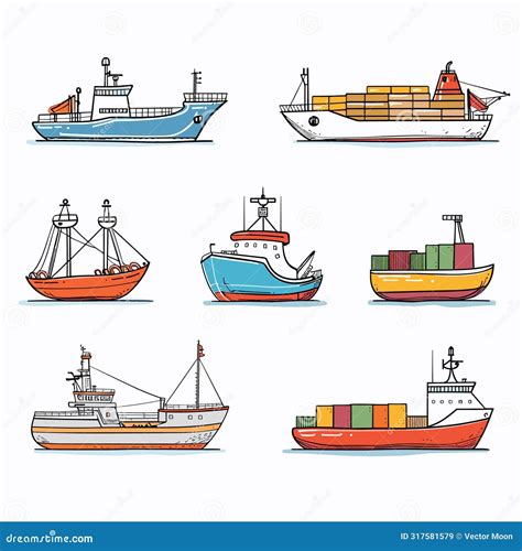 Collection Colorful Ship Illustrations Showcasing Different Types Vessels, Vessel Unique Design ...