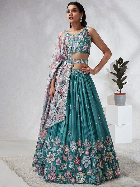 Captivating Turquoise Blue Sequinned Lehenga Choli Set - Mes