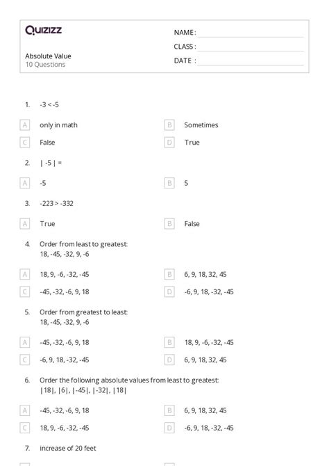 Image result for 7th Grade Absolute Value Worksheets