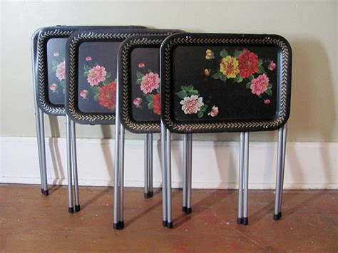 Vintage Black Floral Metal TV Trays with Stands // set of 4 | Etsy
