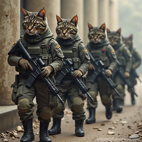 cats are soldiers in military uniforms and boots with automatic rifles ...