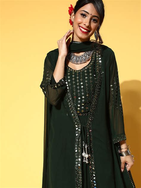 RRWL7041 Bottle Green Mirror Work Embellished Lehanga Choli Set With ...