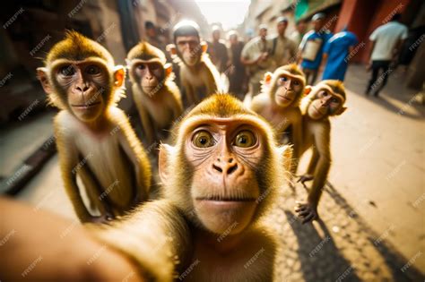 Premium Photo | Group of monkeys standing next to each other on street ...