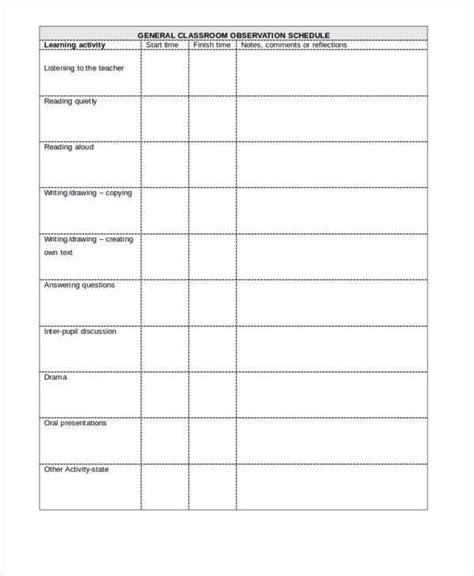 Image result for Observation Schedule Template
