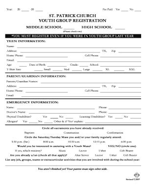 Youth Ministry Registration Form - Fill and Sign Printable Template Online