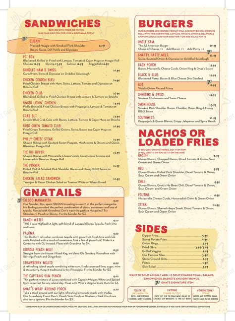 Menu at Gnat's Landing pub & bar, Saint Simons Island