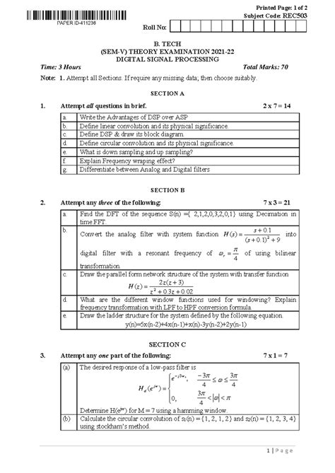 B. Tech 5th Sem Digital Signal Processing Exam Notes (REC503) - Studocu