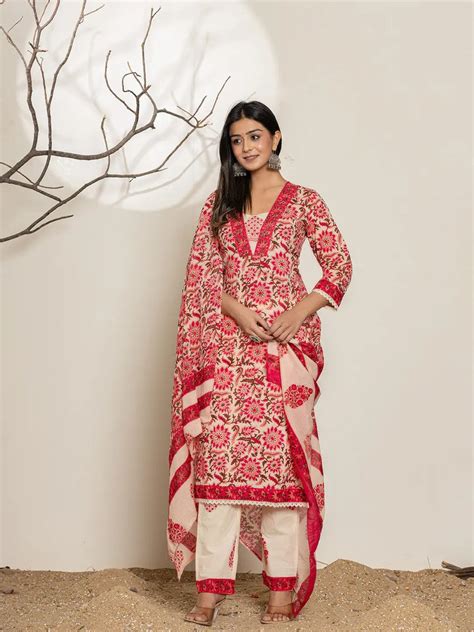 Pink Embroidered Thread Work Pure Cotton Kurta Trousers & Dupatta ...