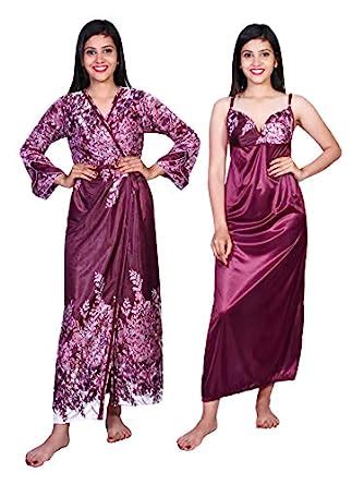 Buy Deep Fashions Border Printed 2pc Satin Nightdress for Women Brown ...