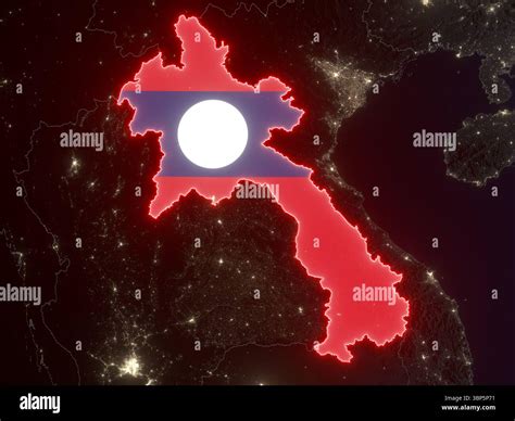 Flag of Laos in shape of the country on night map. Elements of this image furnished by ESA Stock ...