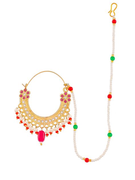 Buy Gold Plated Red & Green Stone Studded Nose Ring With Beaded Chain ...