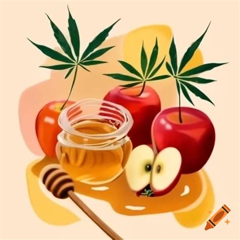 Abstract painting of apples, honey, and marijuana leaves on Craiyon