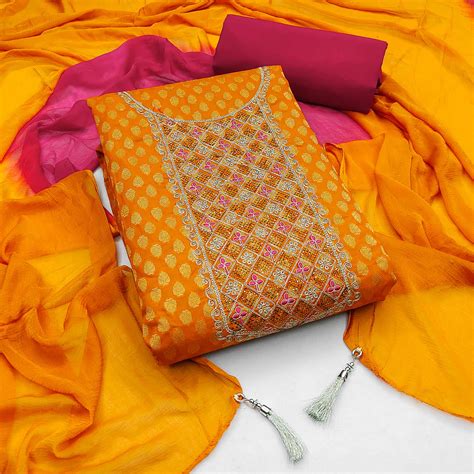 Yellow Butti Design Woven Jacquard Dress Material