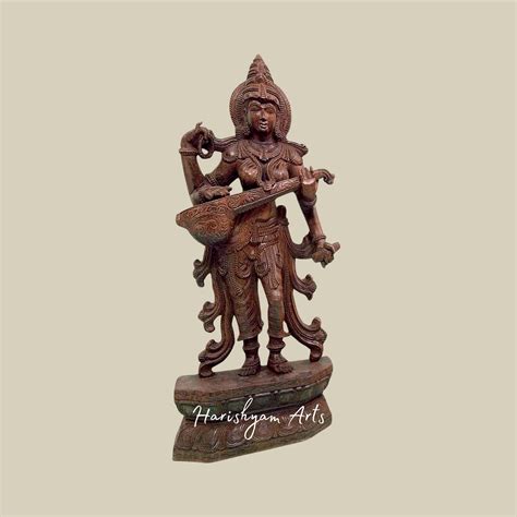 36" Saraswati Idol for Home – Elegant Wooden Saraswati Sculpture