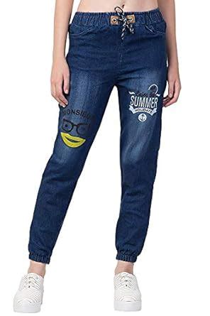Buy Women's Stylish Boyfriend Fit Casual Printed Denim Jogger Mid Waist ...