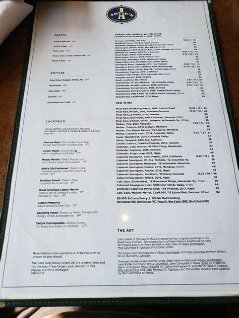 Menu at Artie's steakhouse, Fairfax