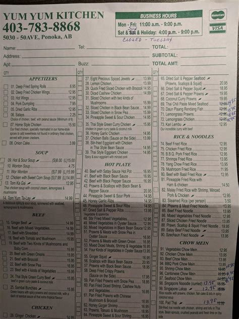 Menu at Yum Yum Kitchen restaurant, Ponoka