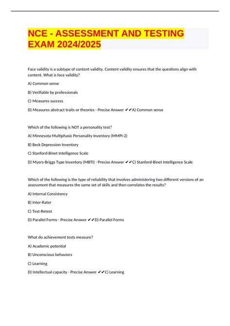 NCE - ASSESSMENT AND TESTING EXAM 2024/2025 - NCE - ASSESSMENT AND ...