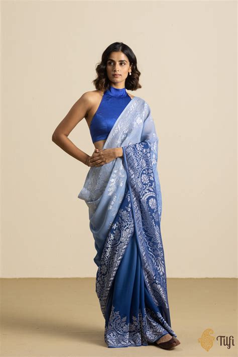 Blue Pure Khaddi Georgette Banarasi Handloom Saree - Tilfi