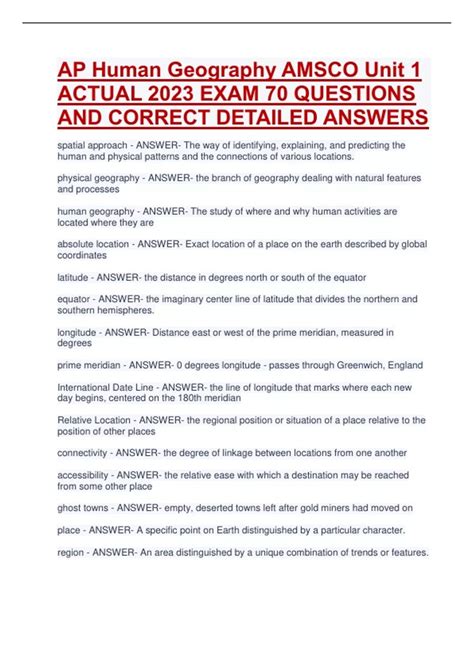 AP Human Geography AMSCO Unit 1 ACTUAL 2023 EXAM 70 QUESTIONS AND ...