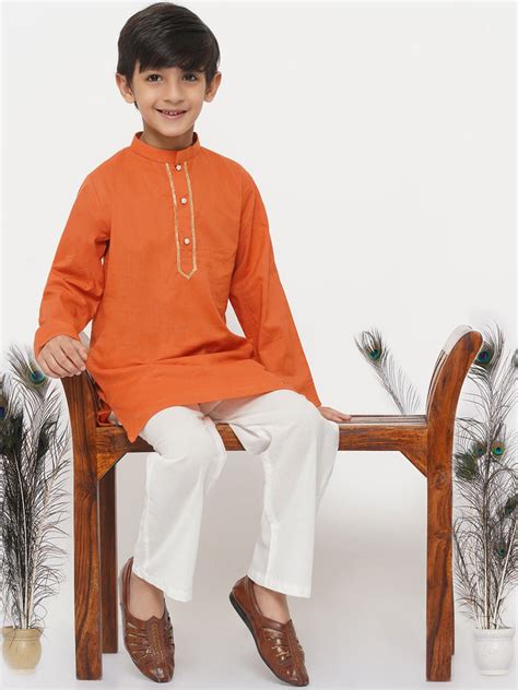 Boys Cotton Kesari Kurta with Pearl Buttons and Pyjama – Little Bansi