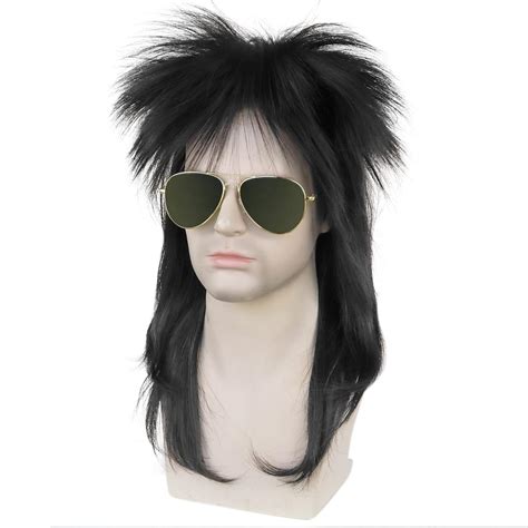 Buy ANOGOL Wig Cap+ Disco Mullet Wig Men Long Straight 1B Black Rocker ...