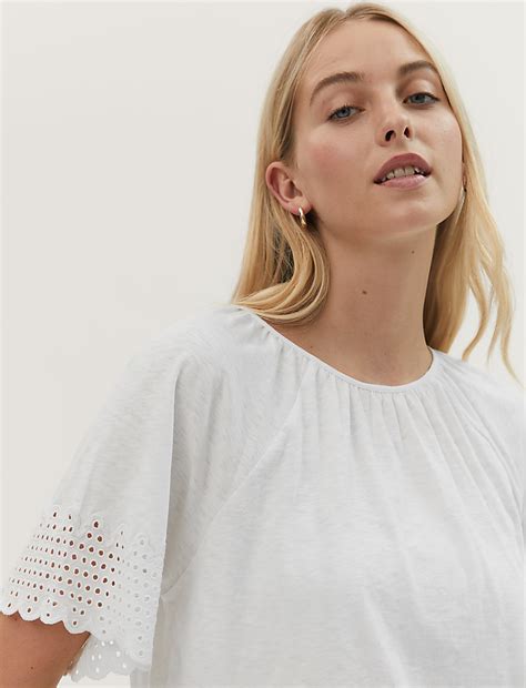 Buy Pure Cotton Broderie Detail Crew Neck Top at Marks & Spencer