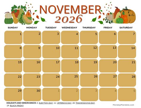 Thanksgiving 2026 Calendar - Printable Calendar