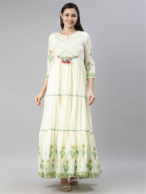 Neerus Women Lime Green Cream-Coloured Floral Embroidered Thread Work ...
