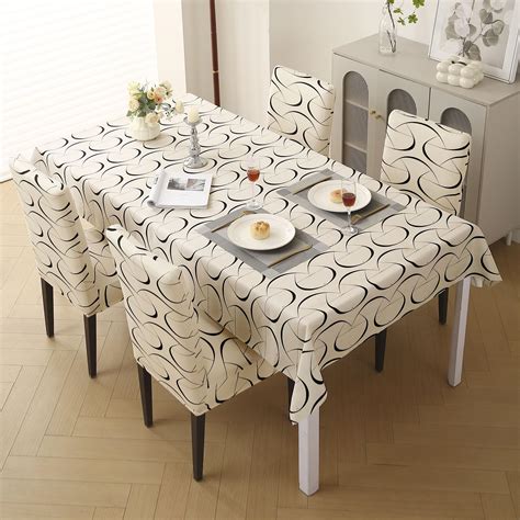 Elastic Dining Chair Covers with Matching Tablecloth, Natural Beige Ab ...