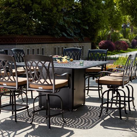 Capri 9 Piece Cast Aluminum Patio Counter Height Fire Pit Bar Set W/ 64 ...