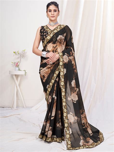 Book Now Ebony Black Floral Designer Georgette Saree with Blouse