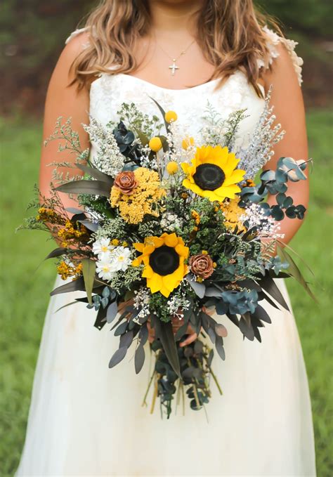 Sunflower Wedding Bouquet, Fall Wedding Bouquet, Yellow, Woodland ...