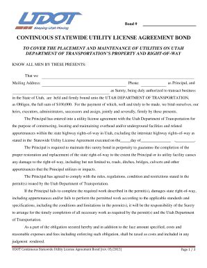 Fillable Online Continuous Statewide Utility License Agreement Bond ...