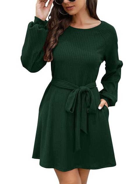 SHIBEVER Women Long Sleeve Fall Dresses 2024 Crewneck Tie Waist A-Line ...
