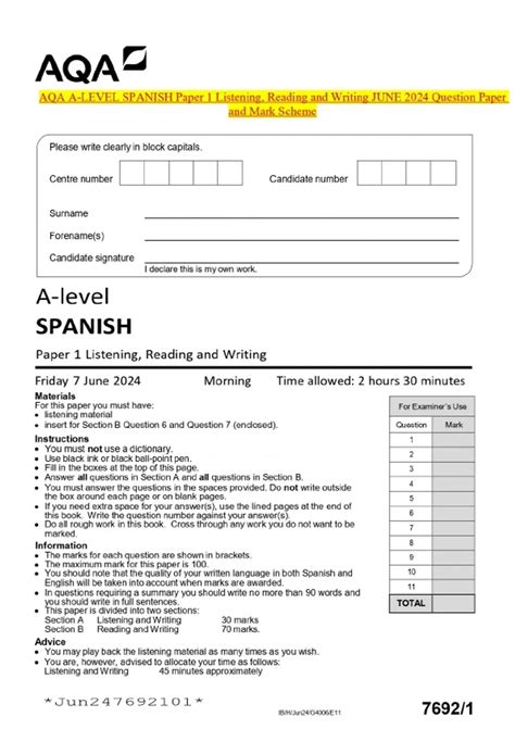 AQA A-LEVEL SPANISH Paper 1 & 2 Listening, Reading and Writing JUNE ...