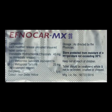 EFNOCAR MX 40/25MG TABLET 10'S Price, Uses, Side Effects & Substitutes ...