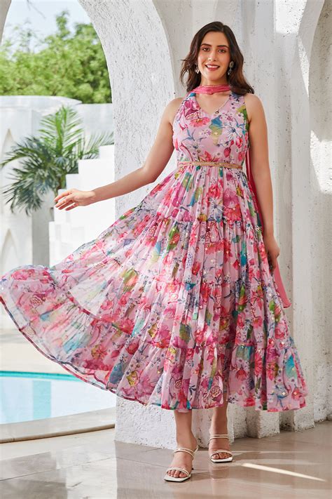 Buy Pink Floral Printed Tiered Anarkali Kurta Online at Biba India