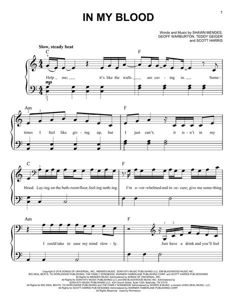 Shawn Mendes "In My Blood" Sheet Music Notes | Download Printable PDF ...