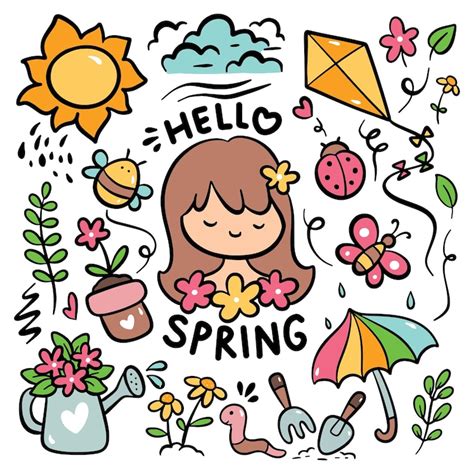 Set of cute hand drawn spring doodle | Premium Vector