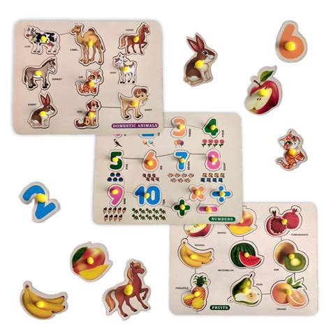 TOFANI 3 in 1 Wooden Domestic Animal,Number & Fruits Puzzles for Kids ...