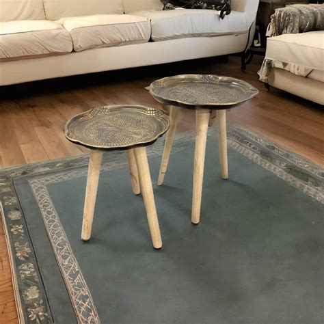 Art Street Set of 2 Round Table Portable Wooden, Antique Coffee Table ...