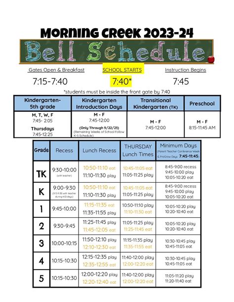 Bell Schedule - Calendars - MORNING CREEK ELEMENTARY SCHOOL