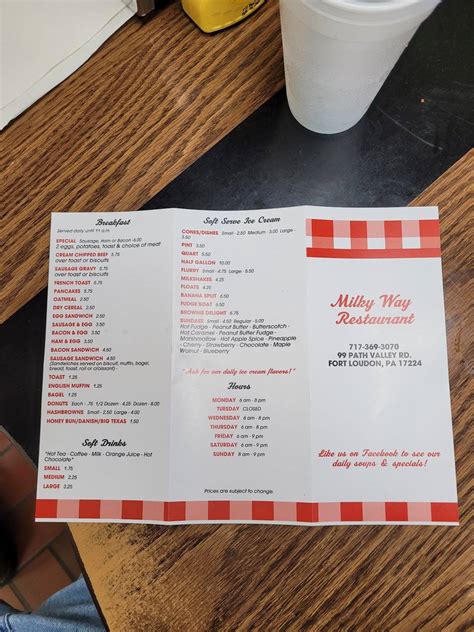 Menu at Milky Way Restaurant, Fort Loudon