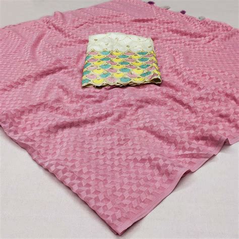 Pink Woven Jacquard Saree With Tassels
