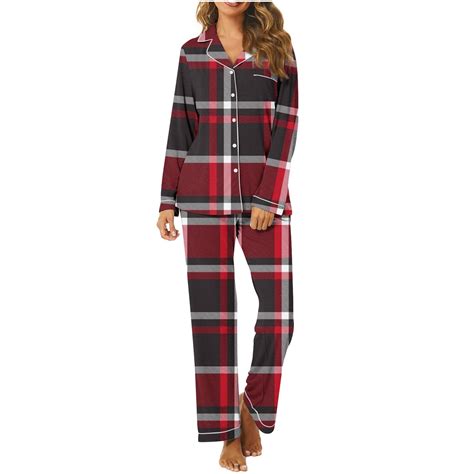 Wyongtao Womens Pajama Set with Pockets Plaid Long Sleeve Classic ...