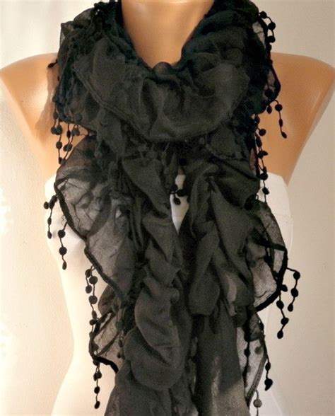 Buy Black Cotton Scarf Black Ruffled Scarf Black Lace Scarf Black Scarf ...