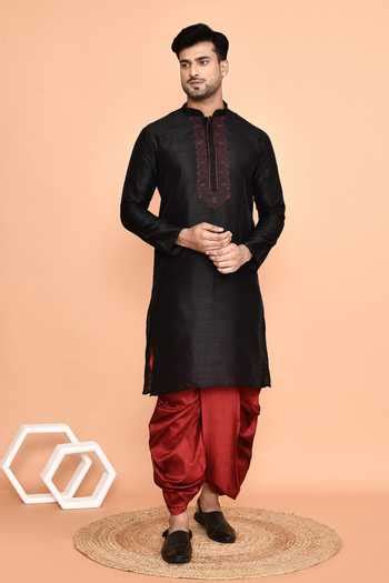 Buy Black Silk Embroidery Kurta And Maroon Dhoti Pant Set For Men by ...